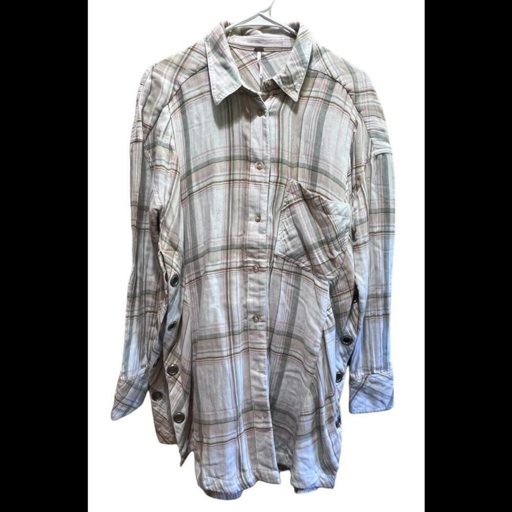 Free People Nordic Day Plaid Gauze Oversized Button Front Shirt Ivory Small READ